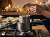 Hands pouring pale fragrance oil from a beaker into a pouring pot in a double boiler over a lit gas burner