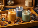 Three lit candles in glass jars on a wood tray with cinnamon, lavender, dried orange, star anise
